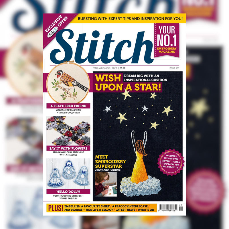 The cover of Stitch magazine 123 featuring my reach for the stars embroidery design.