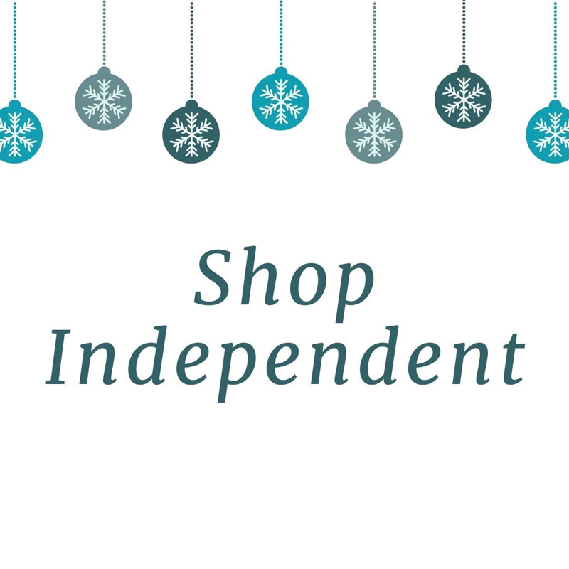 The text "Shop Independent" below a row of Christmas baubles.