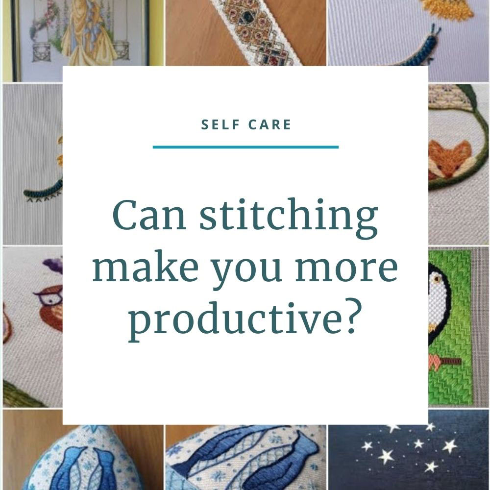 Gallery of embroideries behind the text "Can stitching make you more productive?".