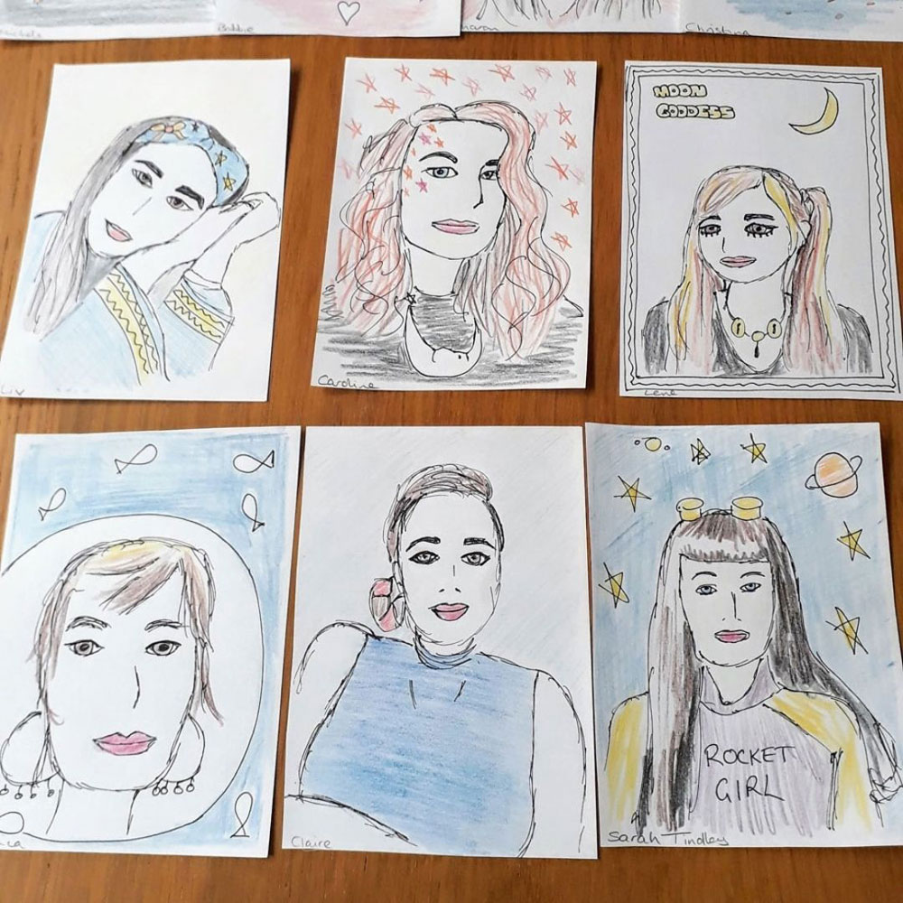 6 portraits drawn with black pen and colouring pencils.
