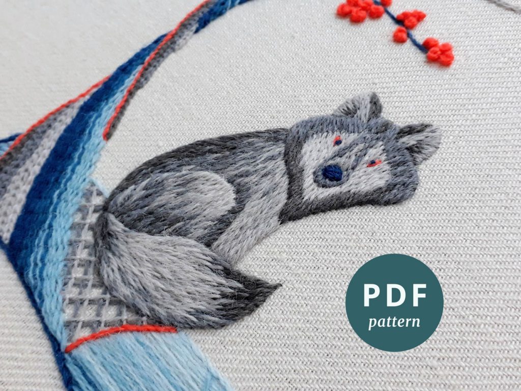 Crewelwork embroidery of a wolf sitting next to a tree, worked in shades of blue and grey with a little orange.