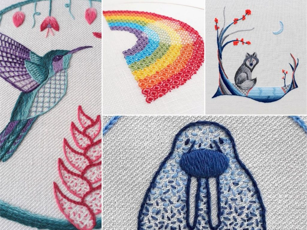 A selection of designs available as PDF patterns - hummingbird, rainbow, wolf, walrus.
