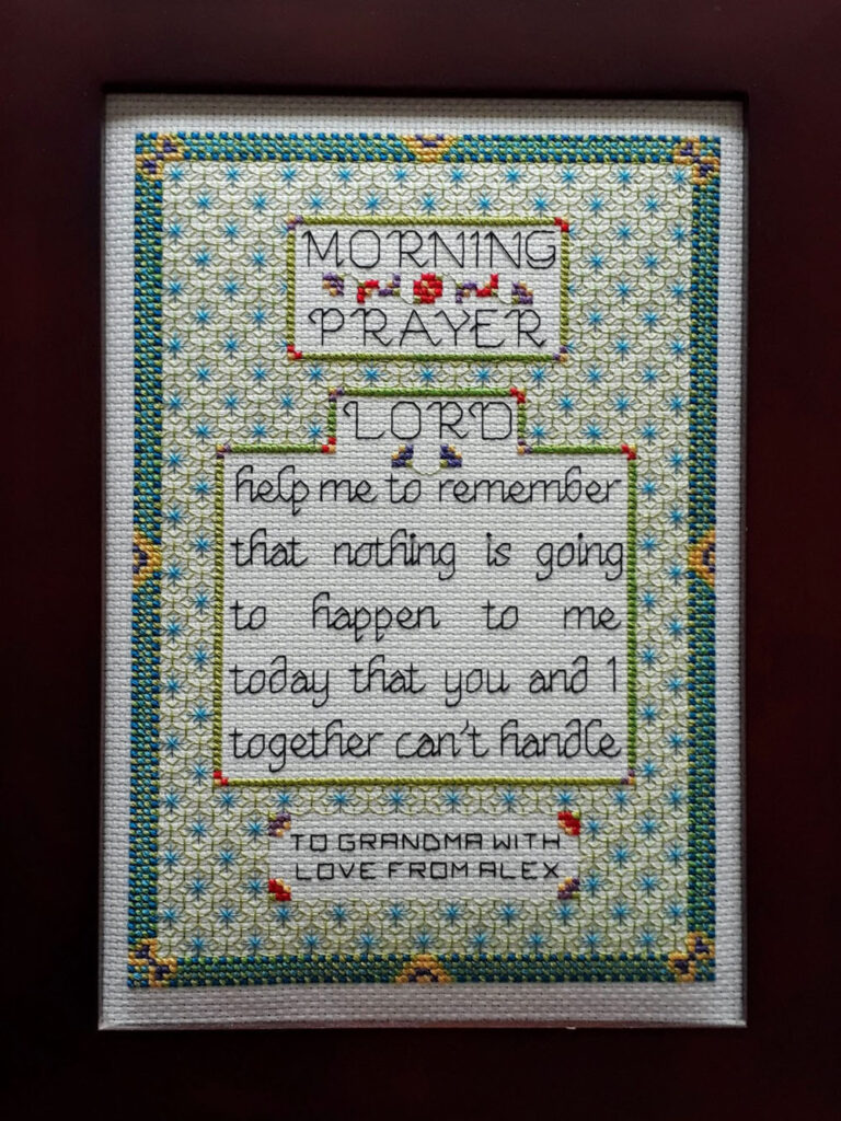 Morning prayer cross stitch and blackwork sampler.