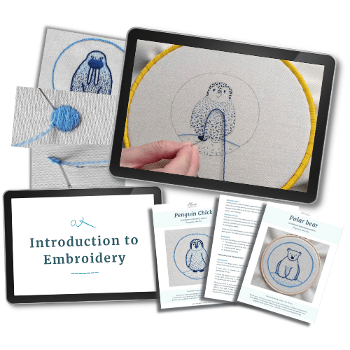 A composite image including a tablet screen with a still of an embroidery instruction video, along with images of the patterns and stitches included in the course.
