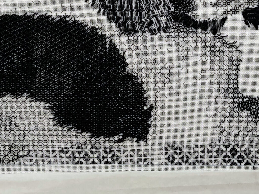 Close up of embroidery with various sections missing stitches.