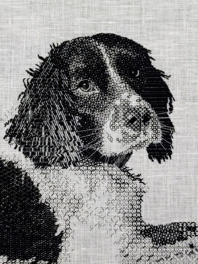 Close up of Springer Spaniel blackwork embroidery showing his whiskers stitched in white thread.