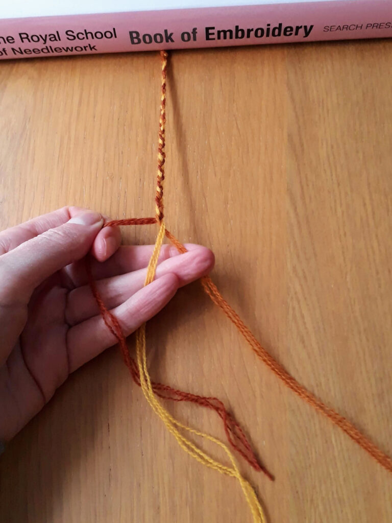 9 lengths of yellow and brown wool thread are secured with a heavy book at one end while they are being plaited.