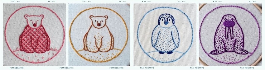 Horizontal strip of the bear, penguin and walrus embroidery patterns: a red and pink bear, a brown and yellow bear, a blue penguin and a purple walrus.