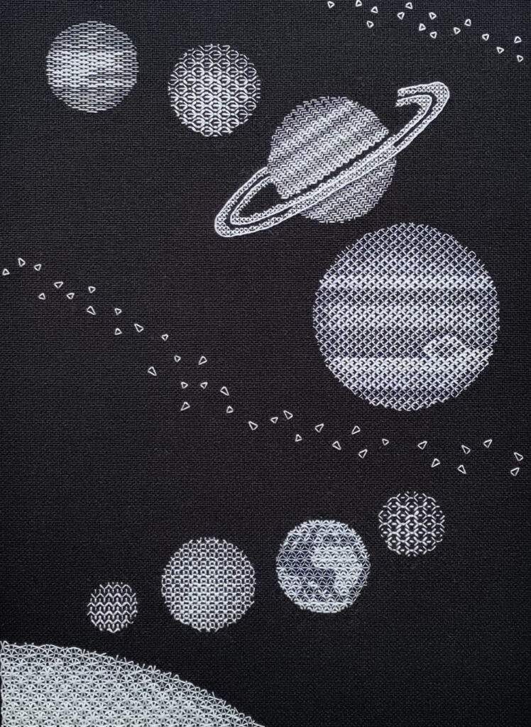 Image showing a portion of the Sun in the bottom left corner, then the planets of the solar system and a couple of asteroid belts curving up and around the image.