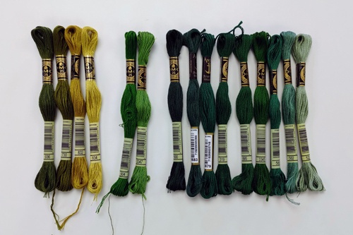 Stranded cotton skeins sorted by colour and tone. On the left is a group of muddy greens and golds, in the middle are a couple of bright greens, on the right is a larger group of dark to light greens.