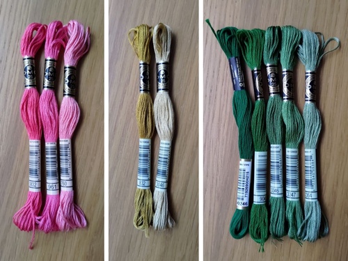Three side by side images of small selections of stranded cotton skeins: Three shades of pink, two shades of gold and five shades of green.