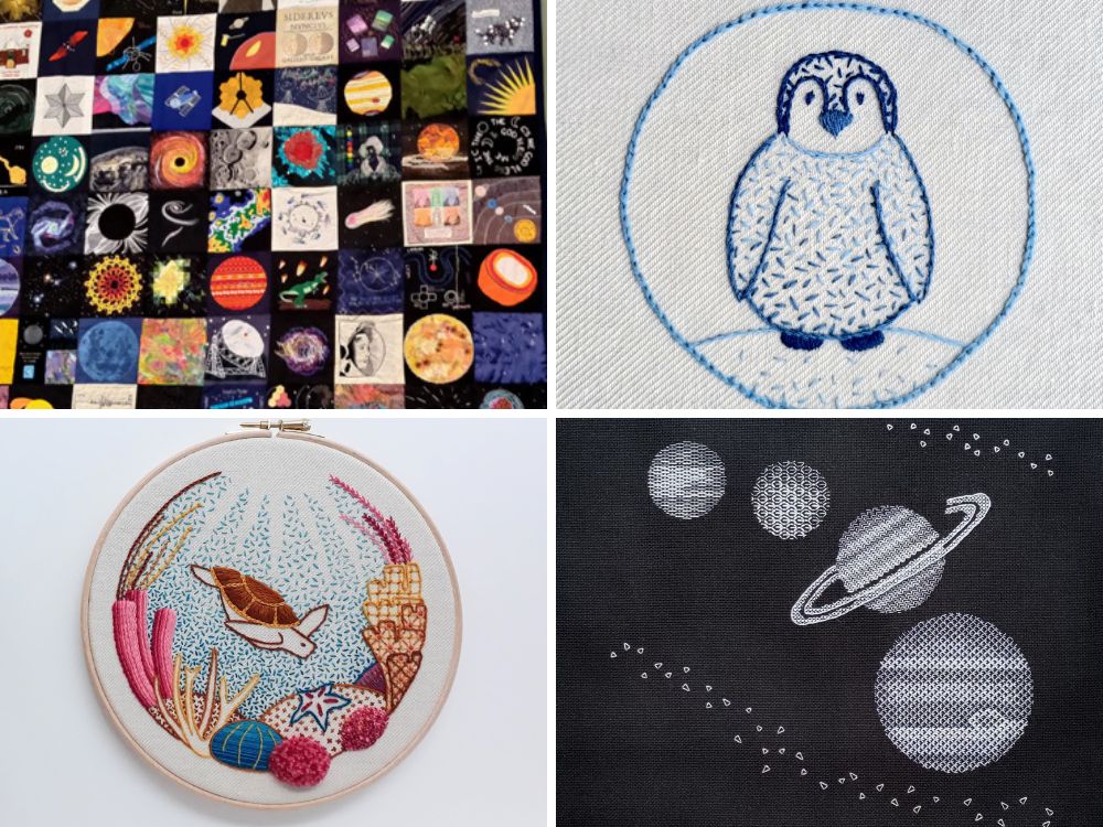 Composite image showing clockwise from top left: patchwork quilt of astronomical designs, penguin chick crewel embroidery, solar system blackwork embroidery, turtle and coral crewel embroidery.