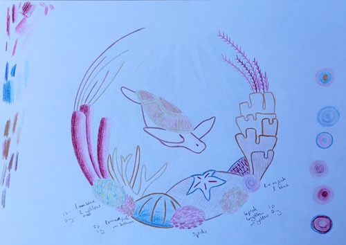 Pencil sketch of a turtle and coral reef design with colour sampling around the edges of the paper.