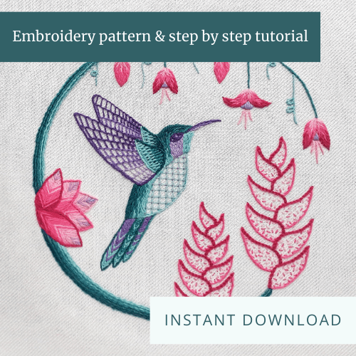 Crewelwork embroidery of a hummingbird surrounded by pink flowers and a turquoise circular stem. Text overlays saying "Embroidery pattern & step by step tutorial" and "Instant download".