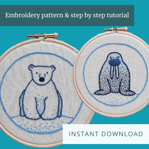 Embroidered polar bear and walrus each within an embroidery hoop. Text overlay says "Embroidery pattern & step by step tutorial" and "Instant download".
