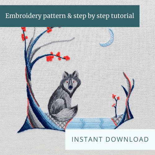 Crewelwork embroidery of a wolf in a winter scene with an ice lake, tree and crescent moon. Text overlays say "Embroidery pattern & step by step tutorial" and "Instant download".