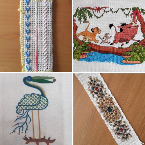 A quadrant of images of embroideries - top left is a simple comb holder, top right is a cross stitch scene from The Lion King, bottom right is a cross stitch Celtic bookmark, bottom left is a crewelwork stork.